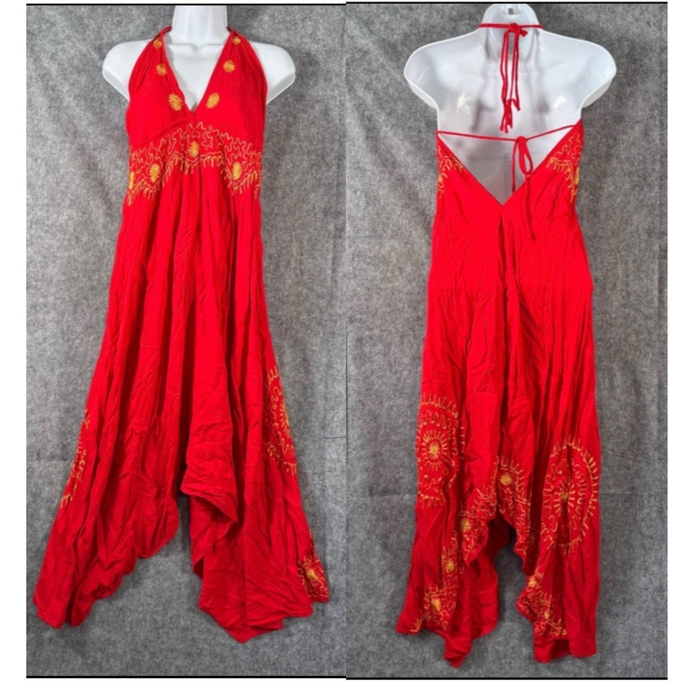 Uluwatu Embroidered Halter Maxi Dress Free Size Boho Resortwear Bali Red